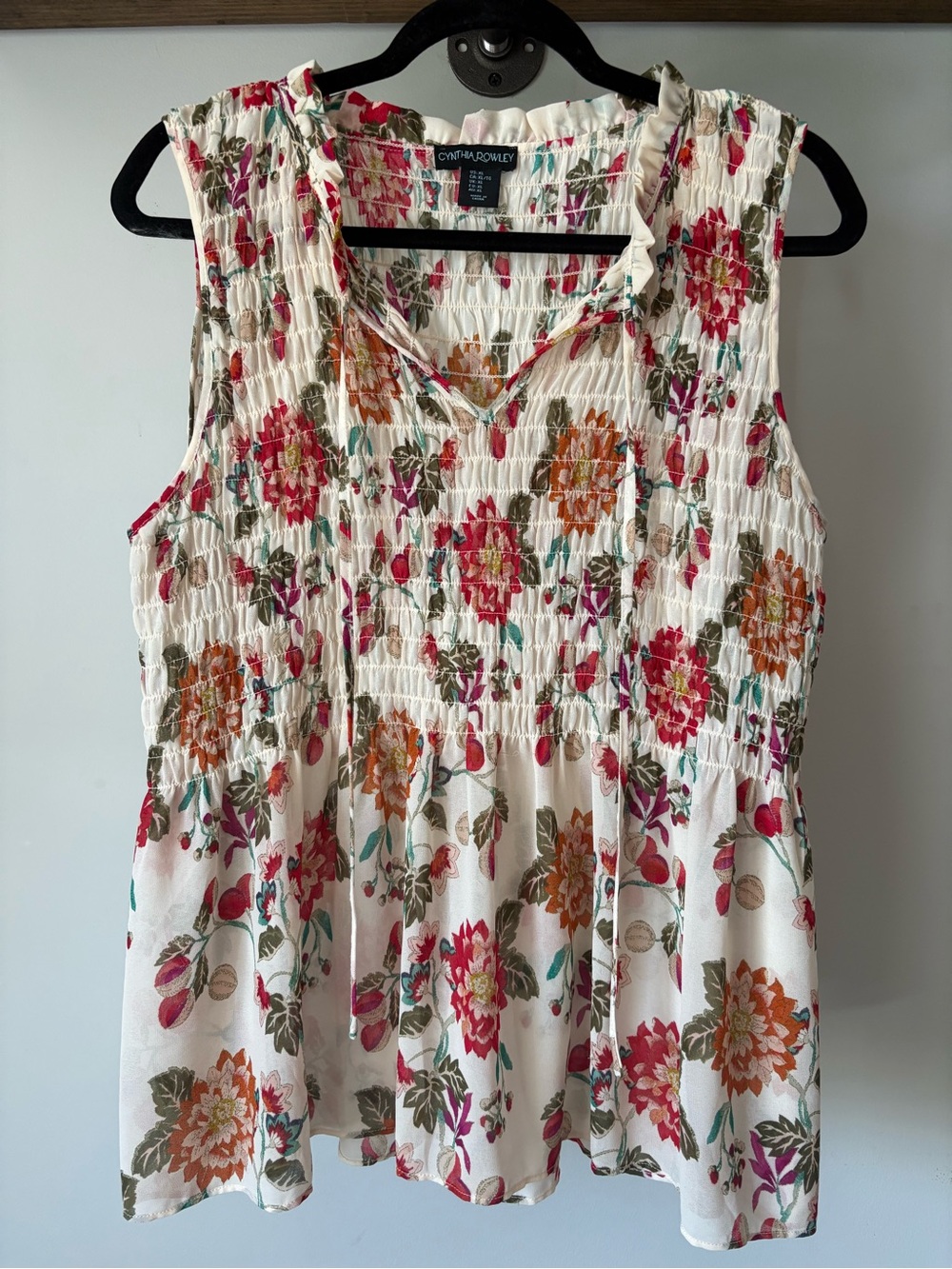 Cynthia Rowley White Floral Smocked Peplum Camisole